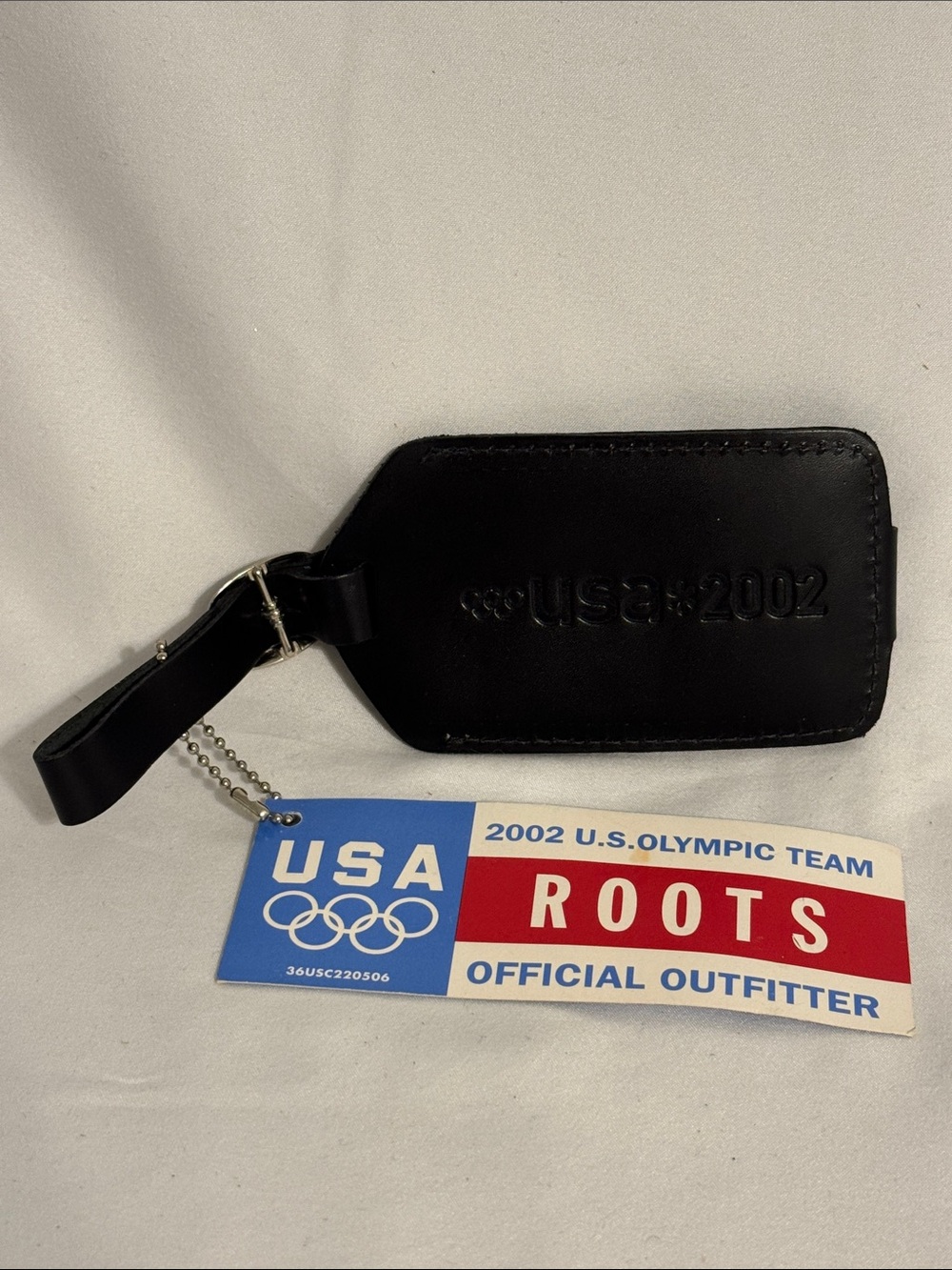 NEW ROOTS Black Leather Luggage Tag USA Olympic - Rare Vintage Salt Lake 2002